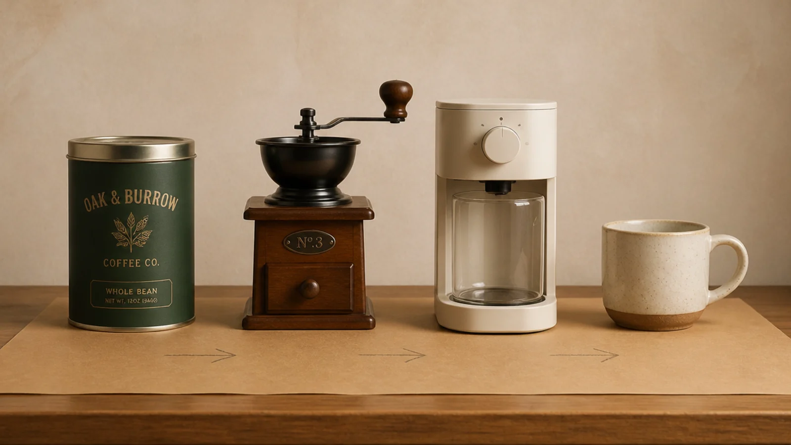 coffee station arranged left to right from beans to grinder to mug