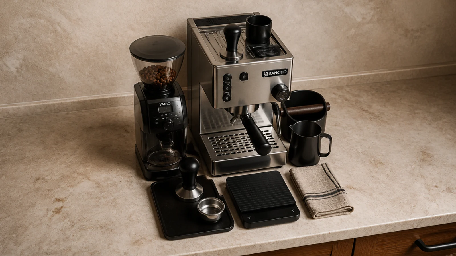 compact coffee station contained within a single arm sweep on a counter