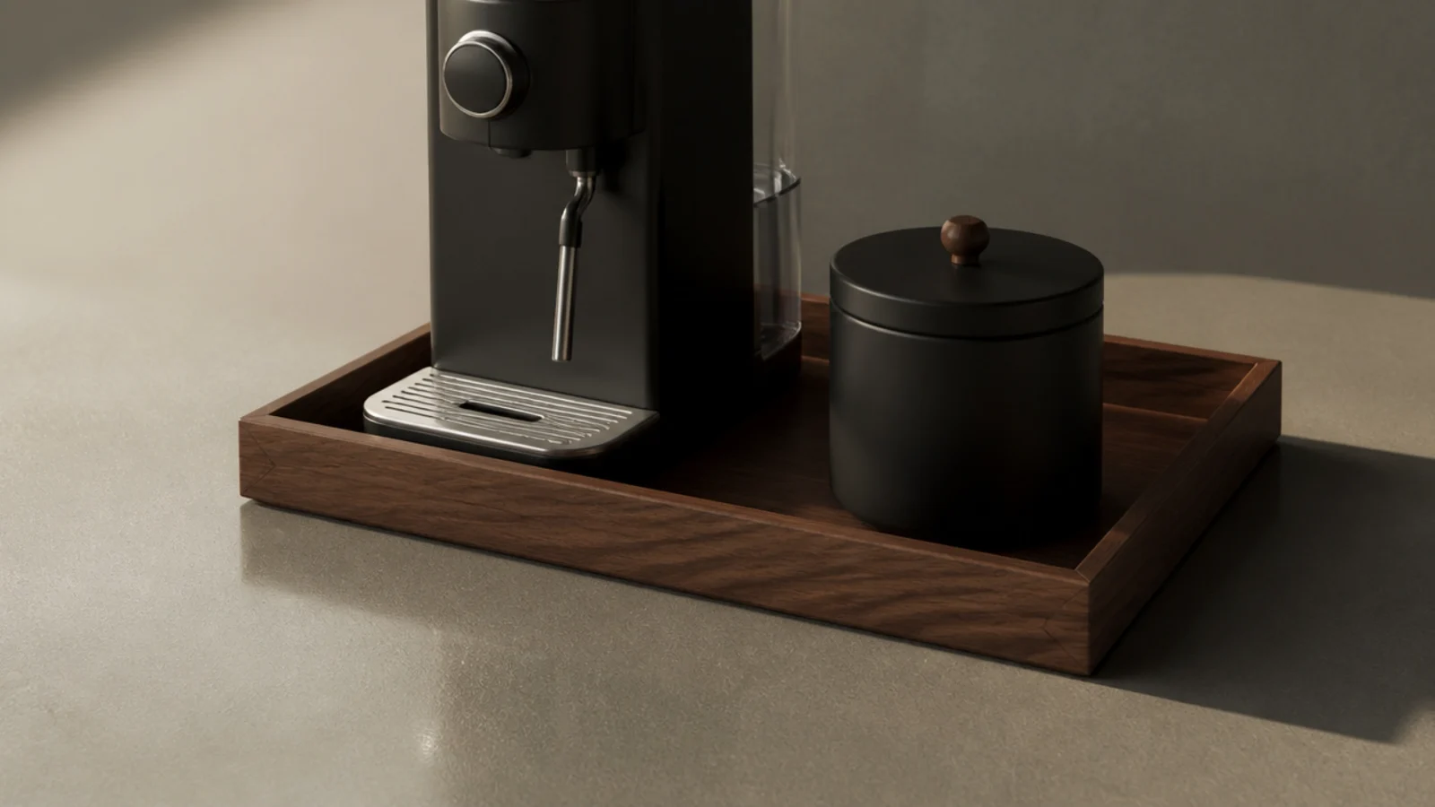 rectangular tray marking the boundary of a tidy home coffee station