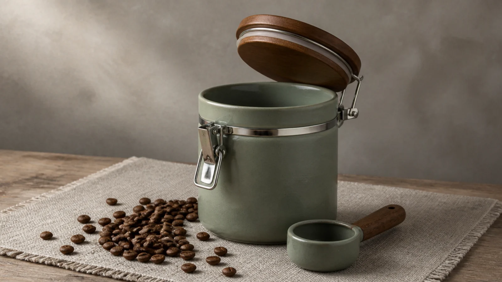matte airtight canister holding whole beans beside a coffee station