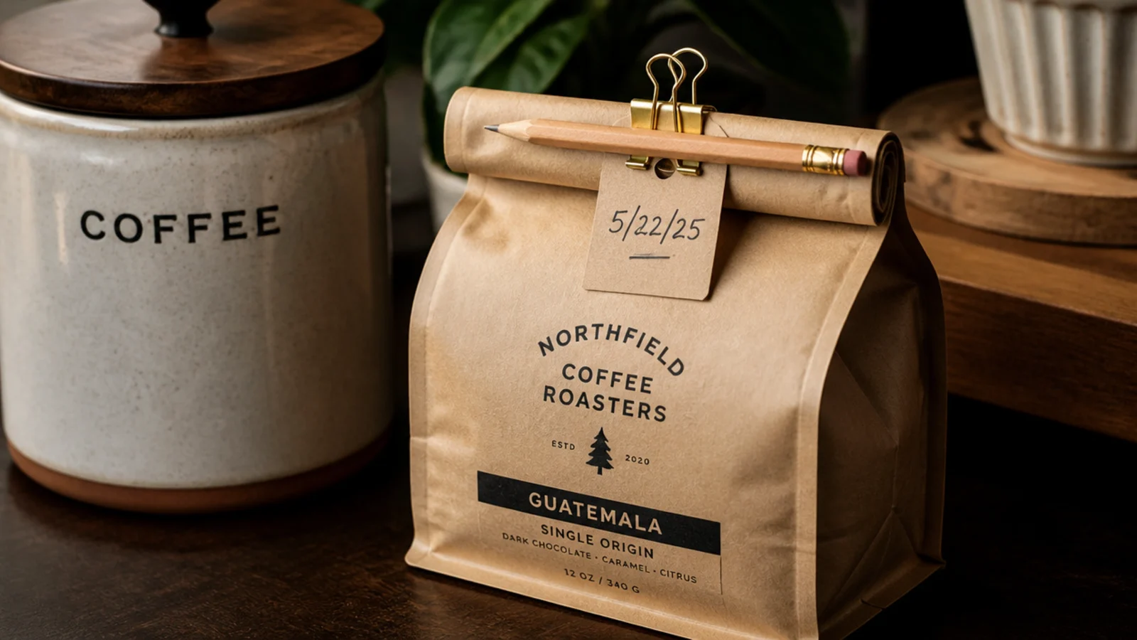 kraft tag noting a roast date tied to a bag of coffee beans