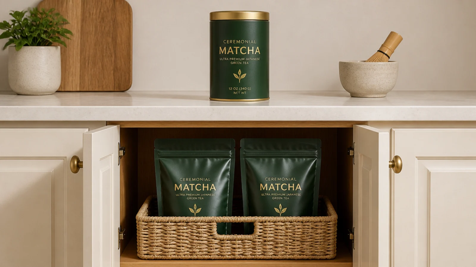 canister of beans on a counter with a sealed coffee bag below