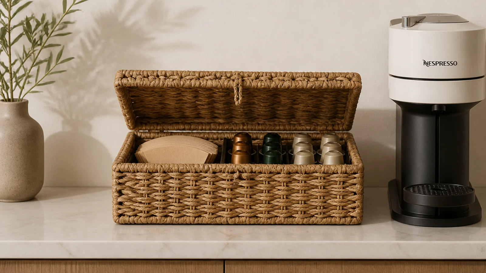 lidded seagrass box holding filters and pods beside a coffee station