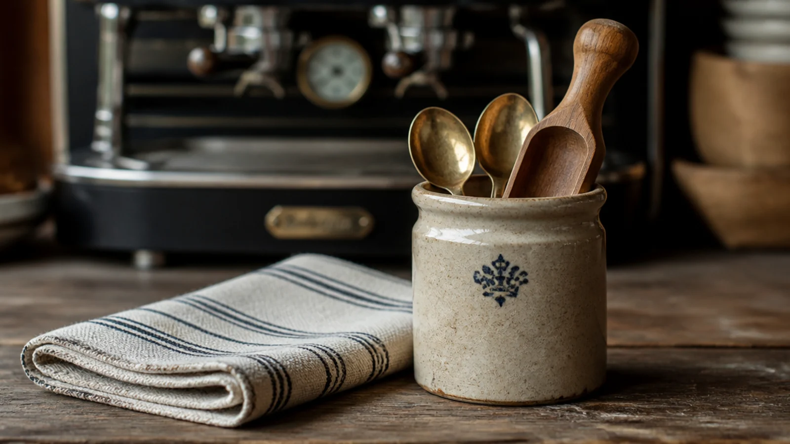 stoneware crock holding three coffee spoons on a tidy counter station