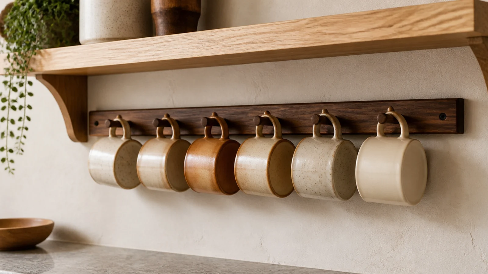 peg rail under a shelf holding six mugs above a coffee station