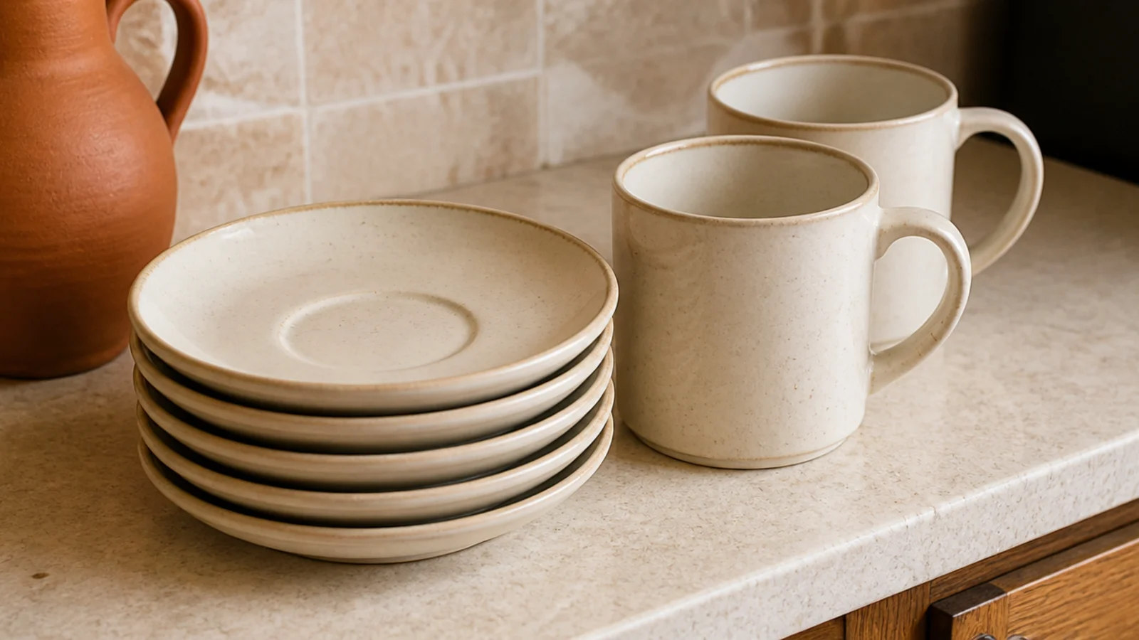 stack of cream saucers beside hanging mugs at a coffee station