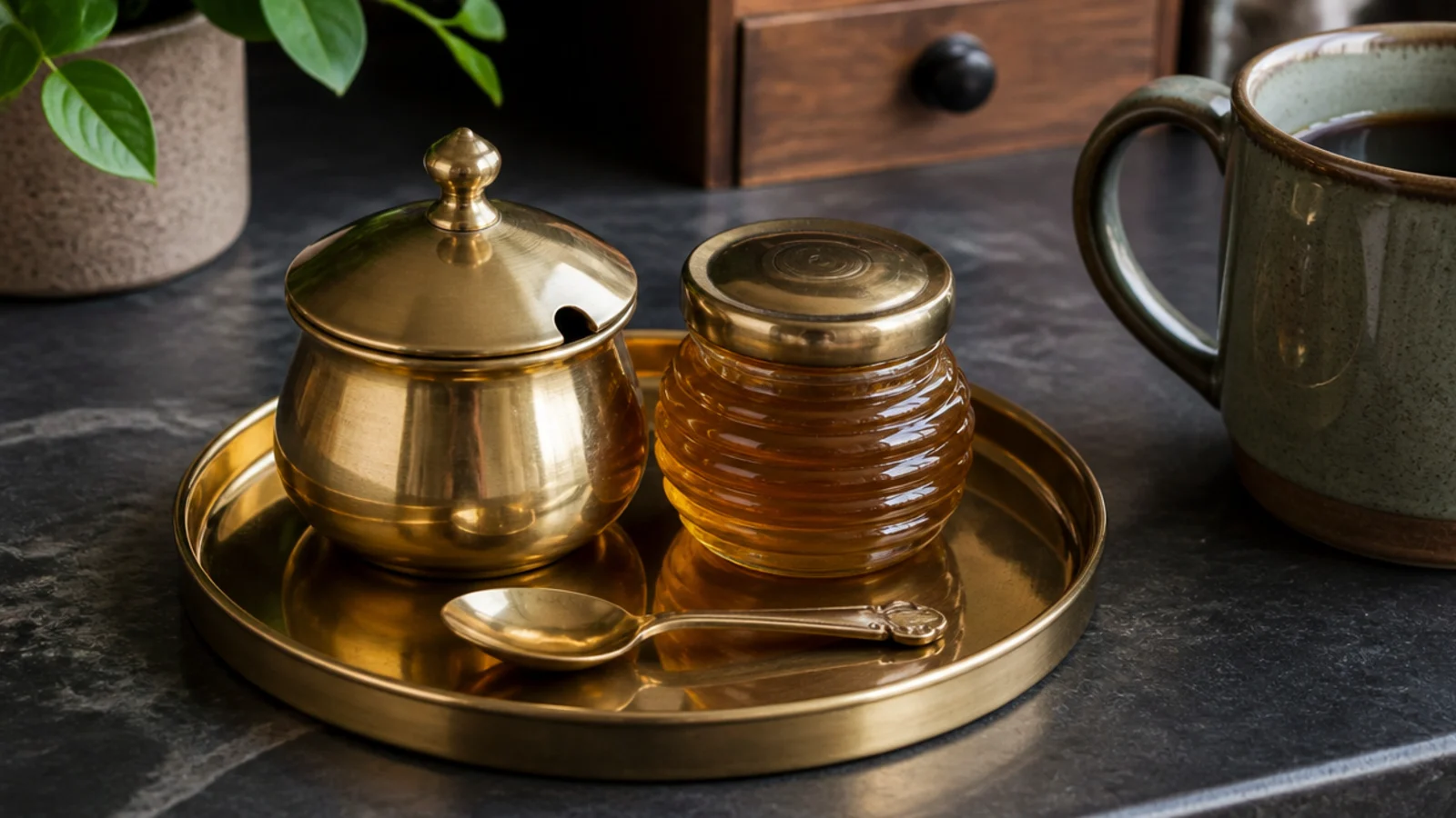 small round tray holding sugar and honey pots at a coffee station