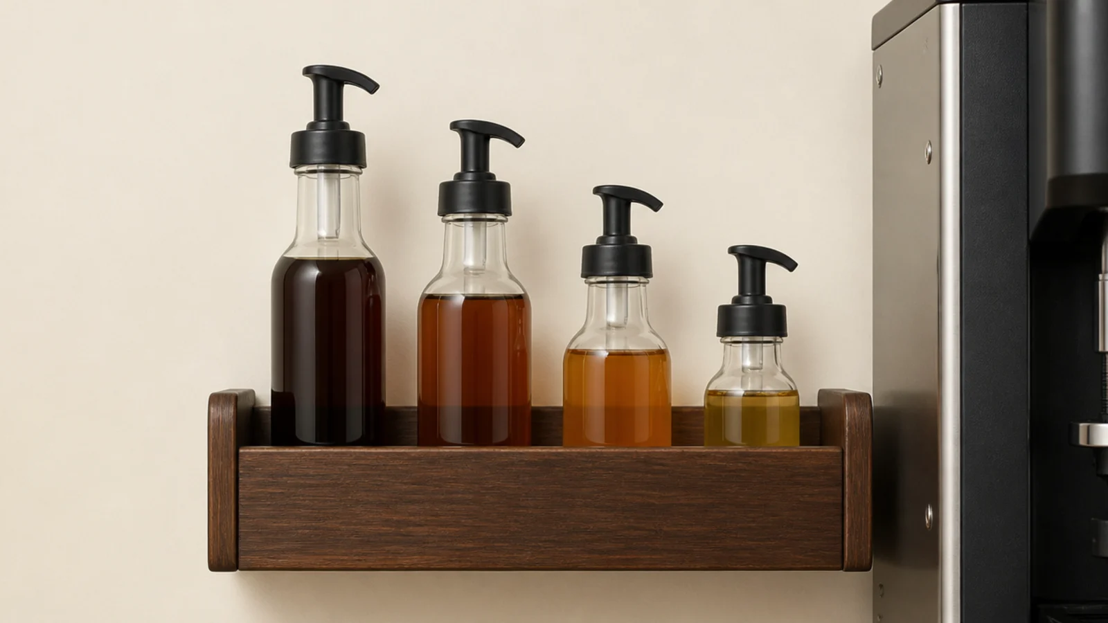 narrow wall rack holding syrup bottles beside a home coffee station