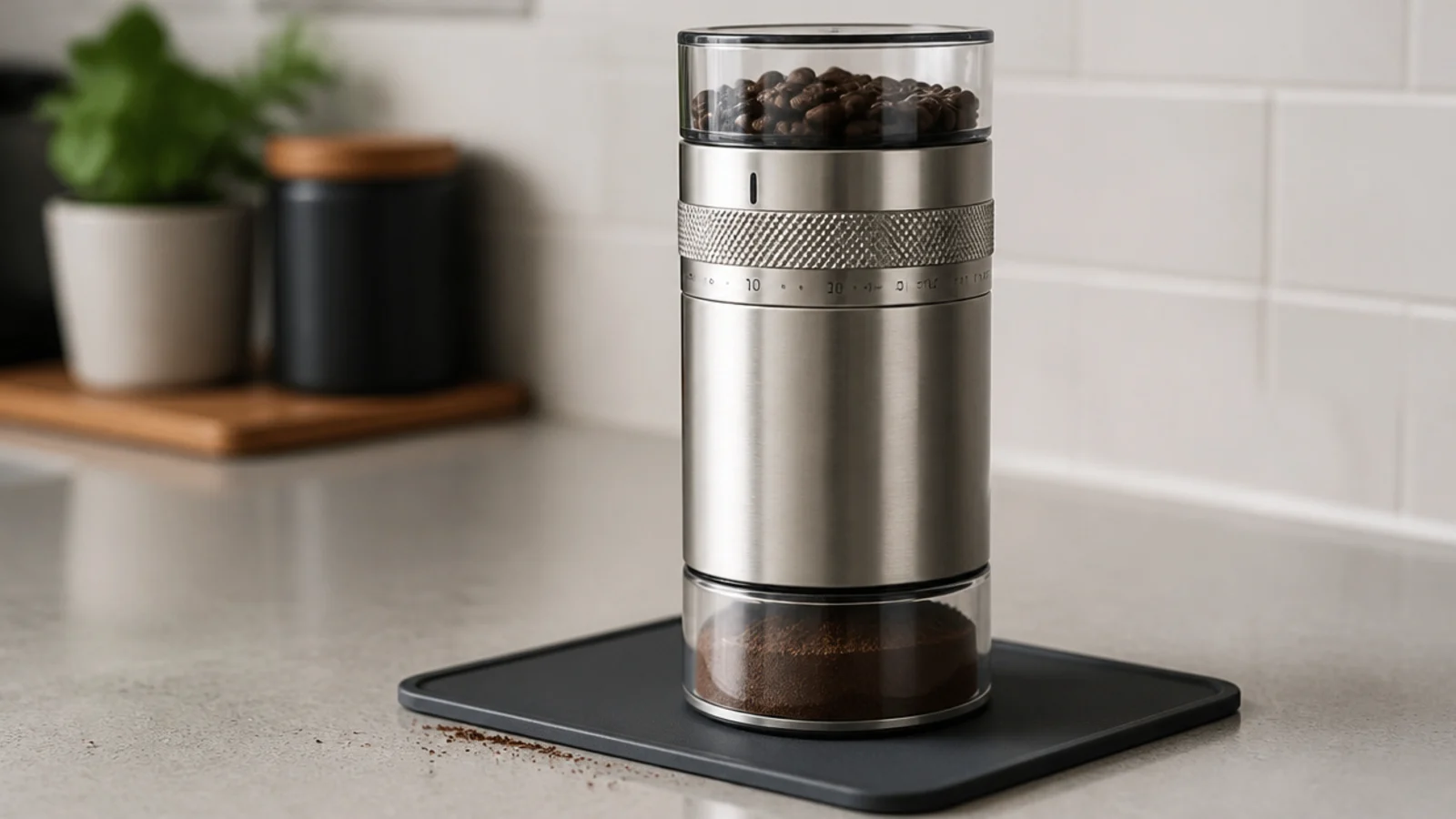 burr grinder standing on a dark silicone mat at a coffee station