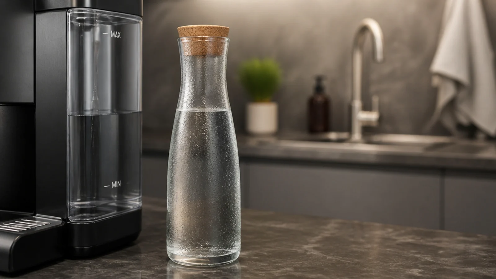 glass water carafe standing beside a coffee machine on a counter
