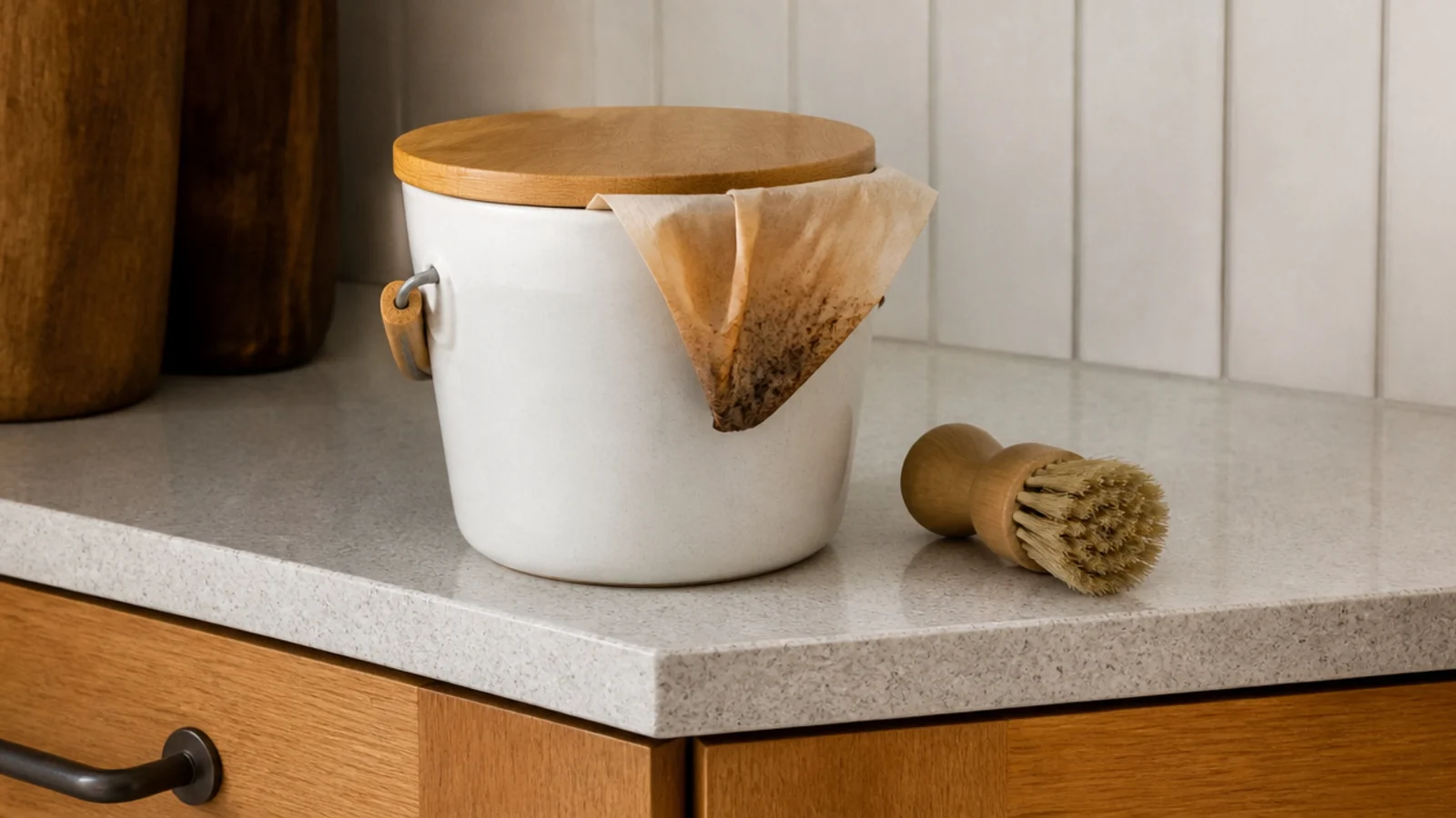 small lidded pail for used coffee grounds beside a kitchen station