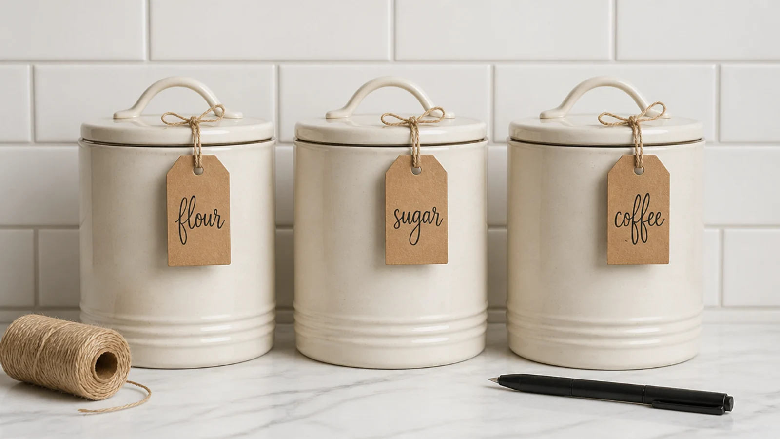 handwritten kraft tags labelling canisters at a coffee station