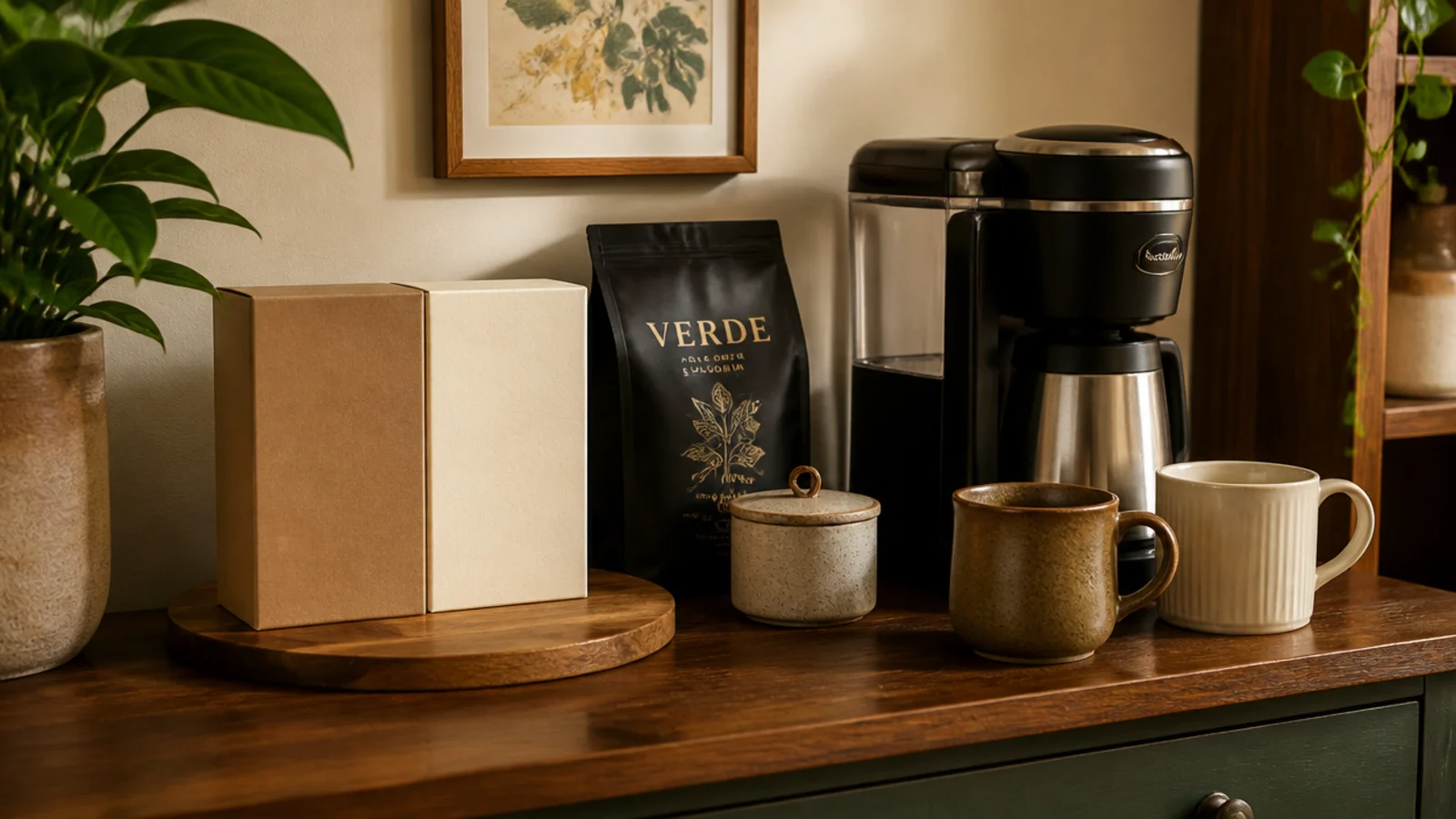 coffee packaging rotated to hide printed graphics on a counter station