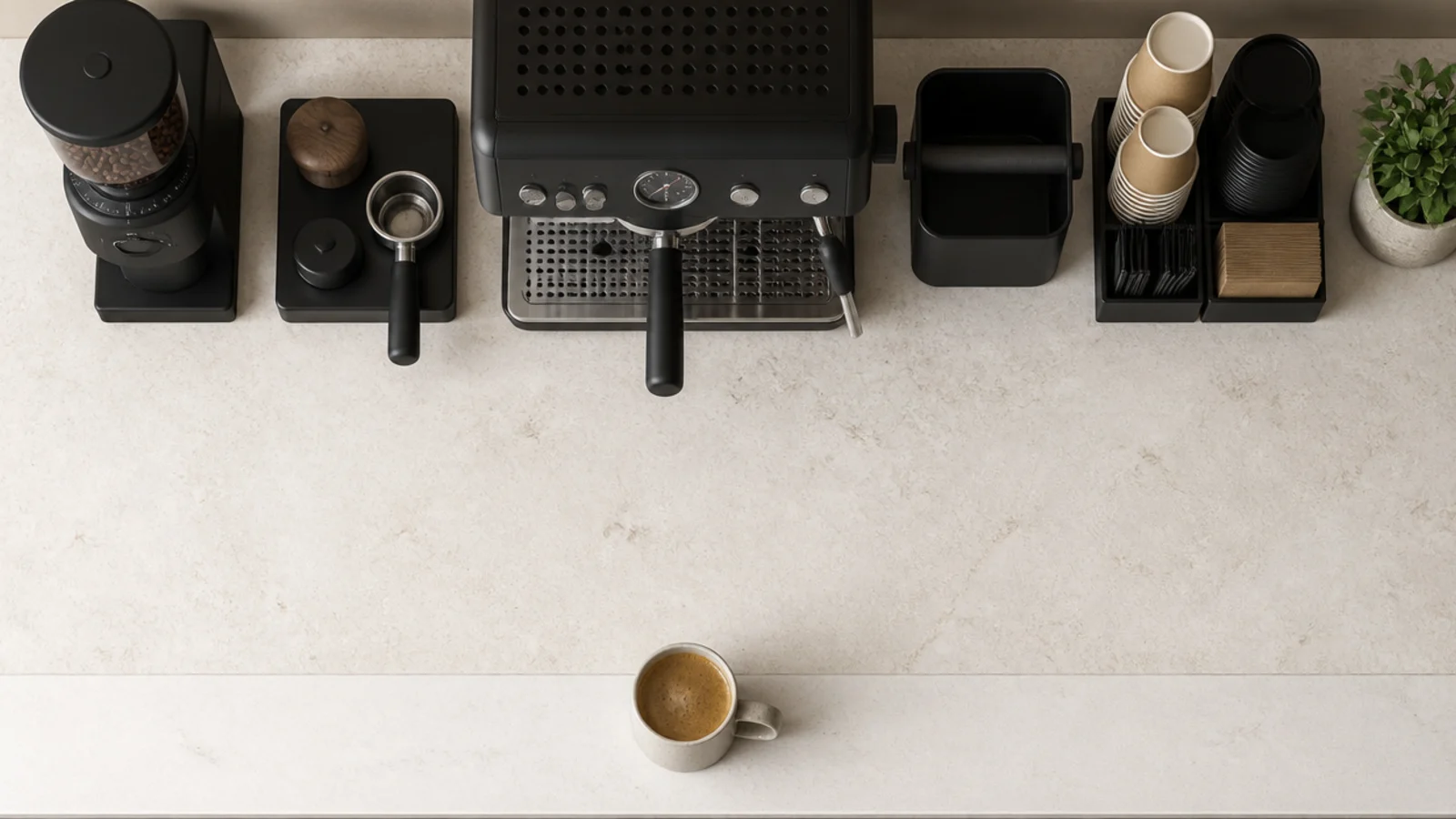 clear strip of counter at the front edge of a coffee station