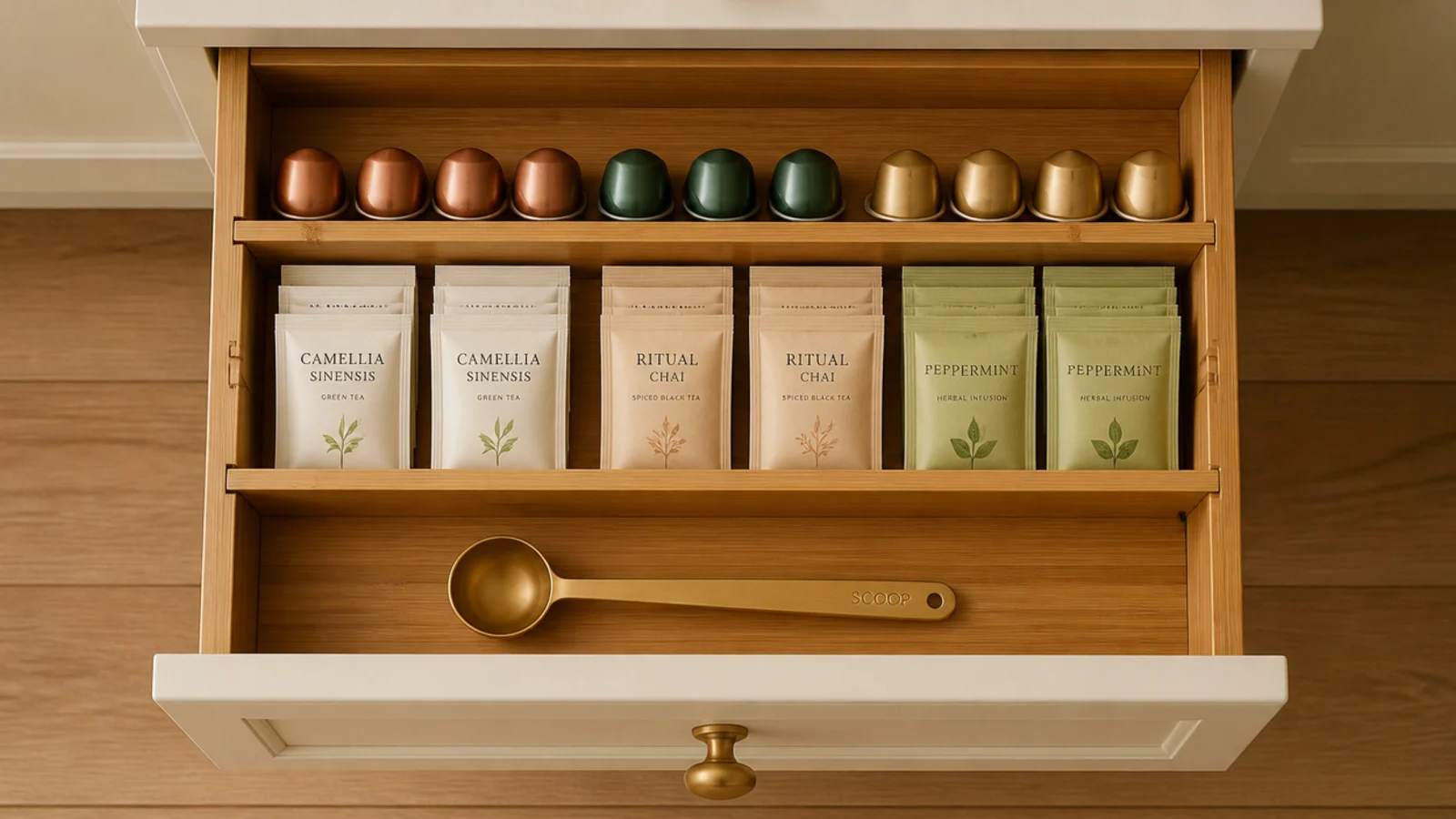 drawer divided into rows of coffee pods under a kitchen station