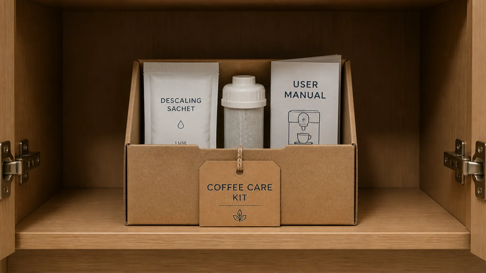 descaling kit and manual stored together in a labelled cabinet box