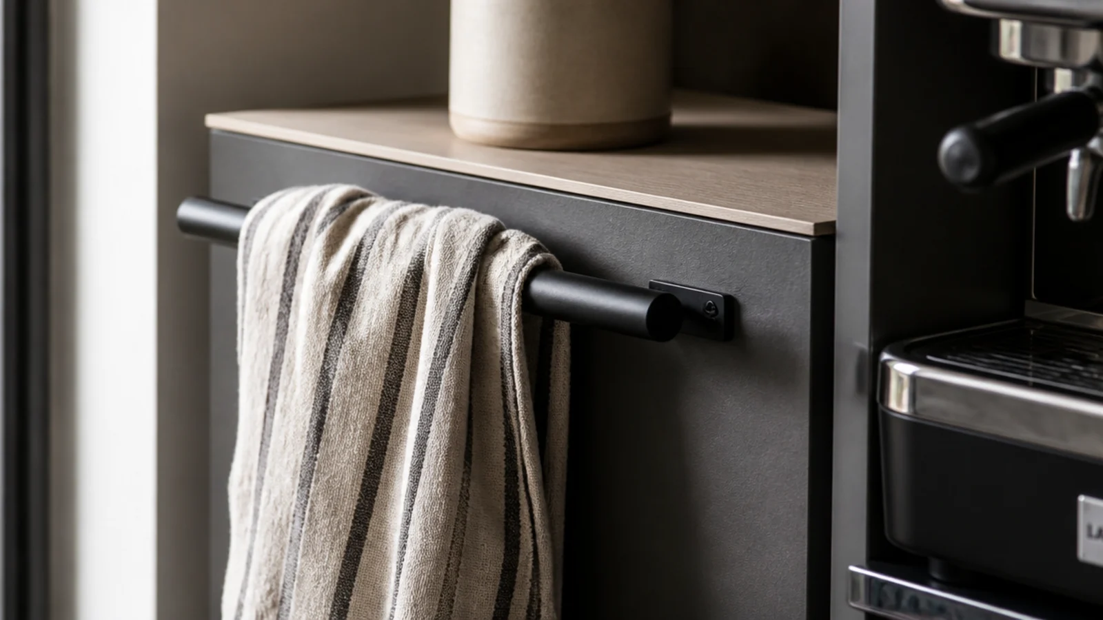 linen cloth hanging on a slim rail beside a home coffee station