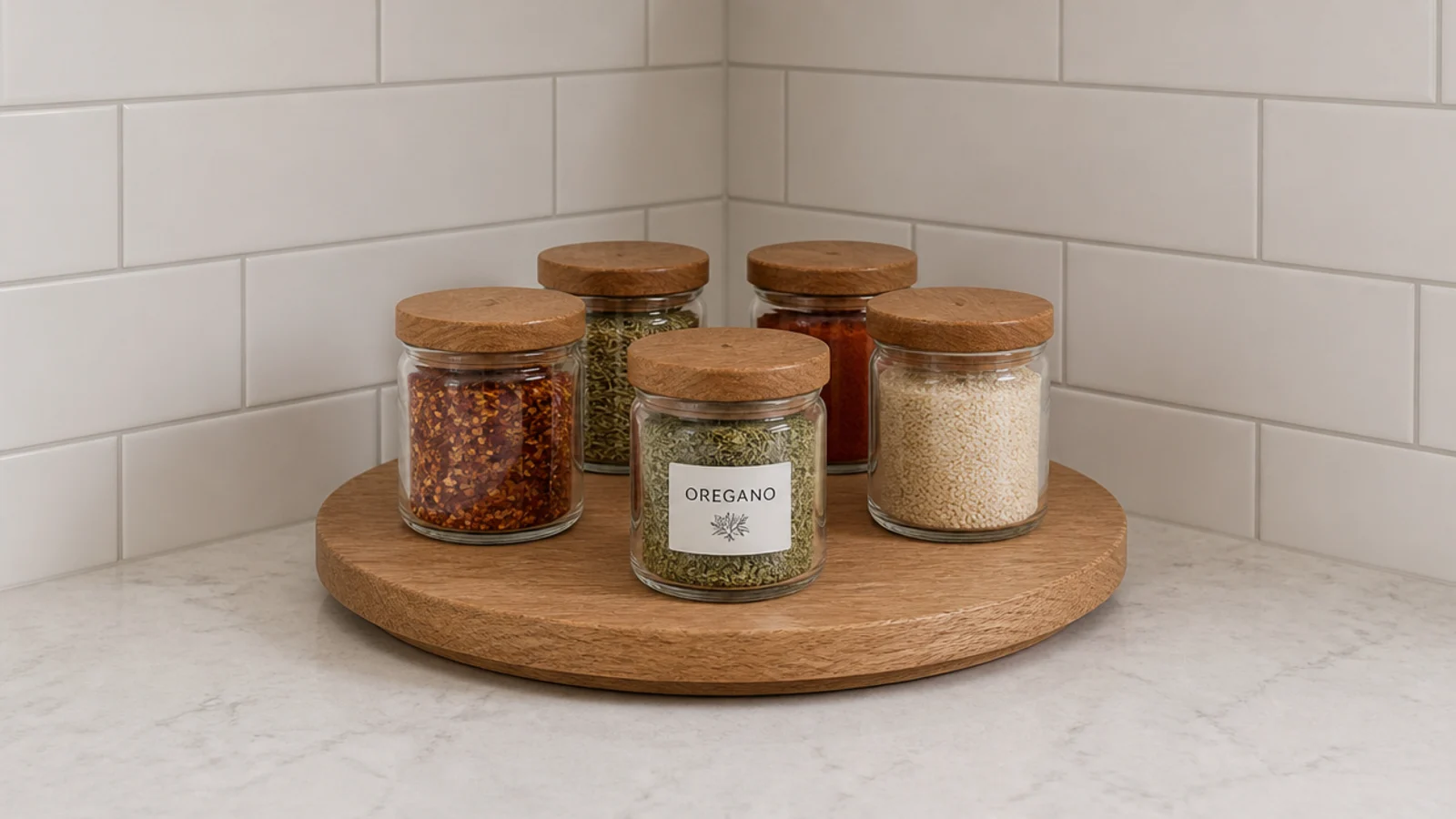 wooden turntable holding jars in the corner of a coffee station