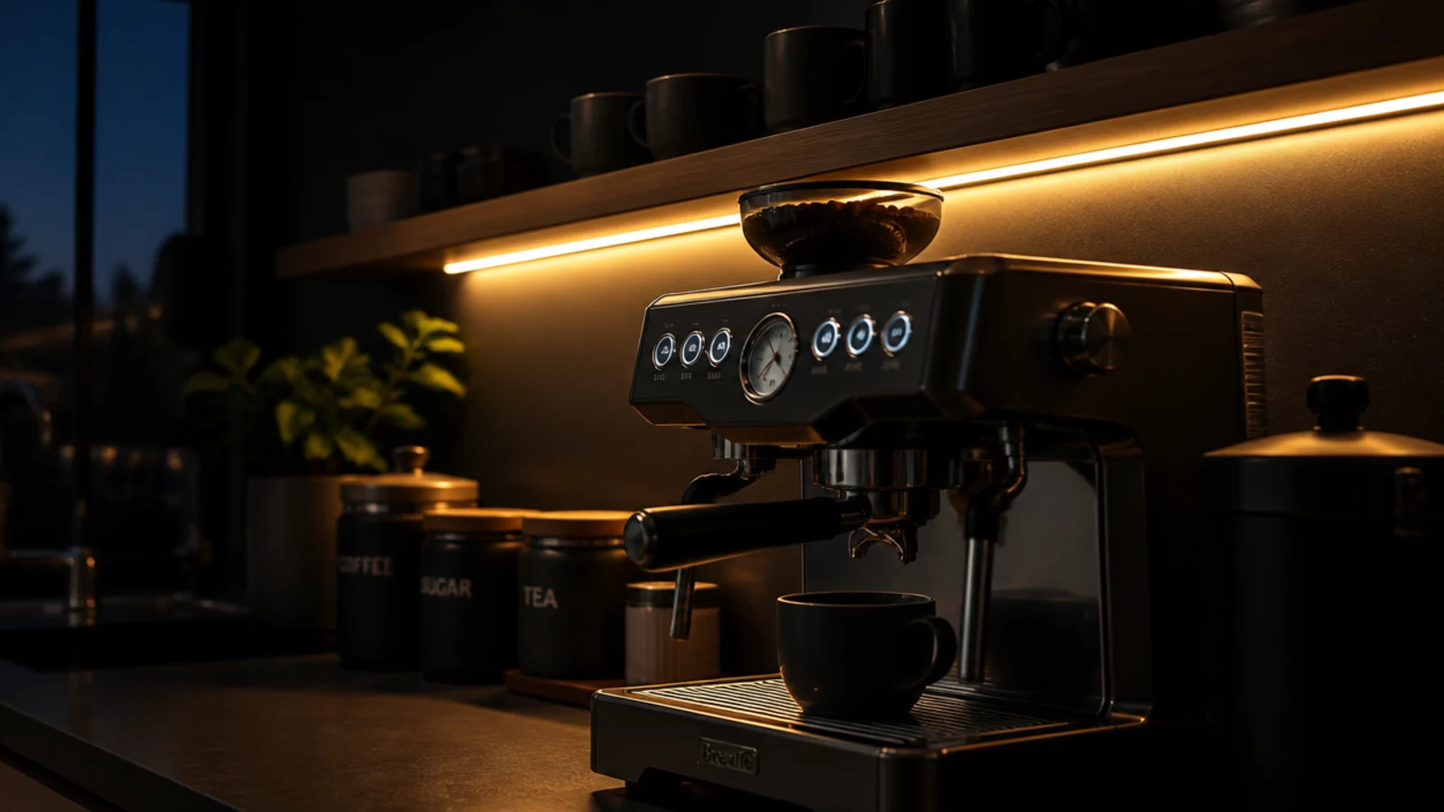 warm under shelf lighting glowing over an evening coffee station