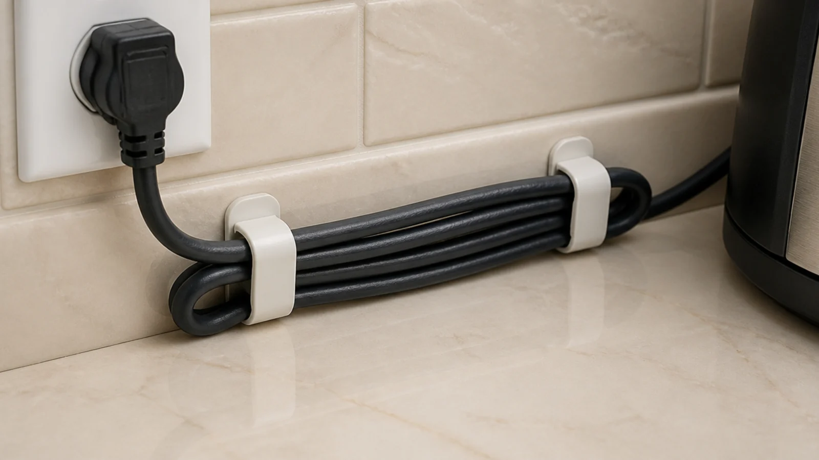 cable clips holding an appliance cord behind a tidy coffee station