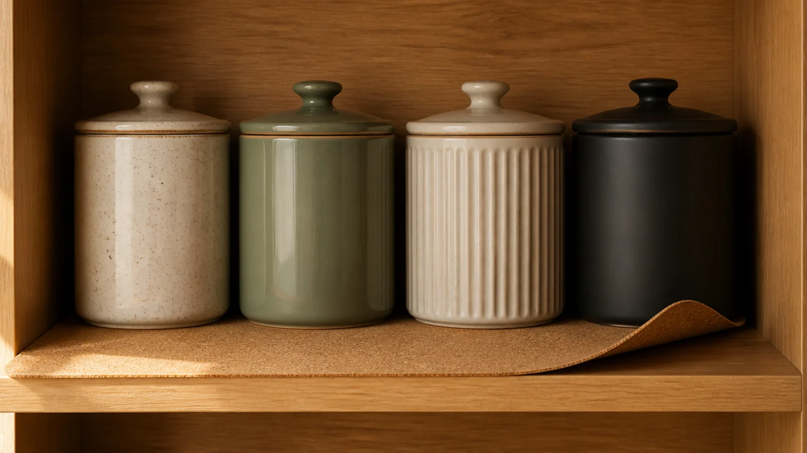 wipeable liner under canisters on a coffee station shelf