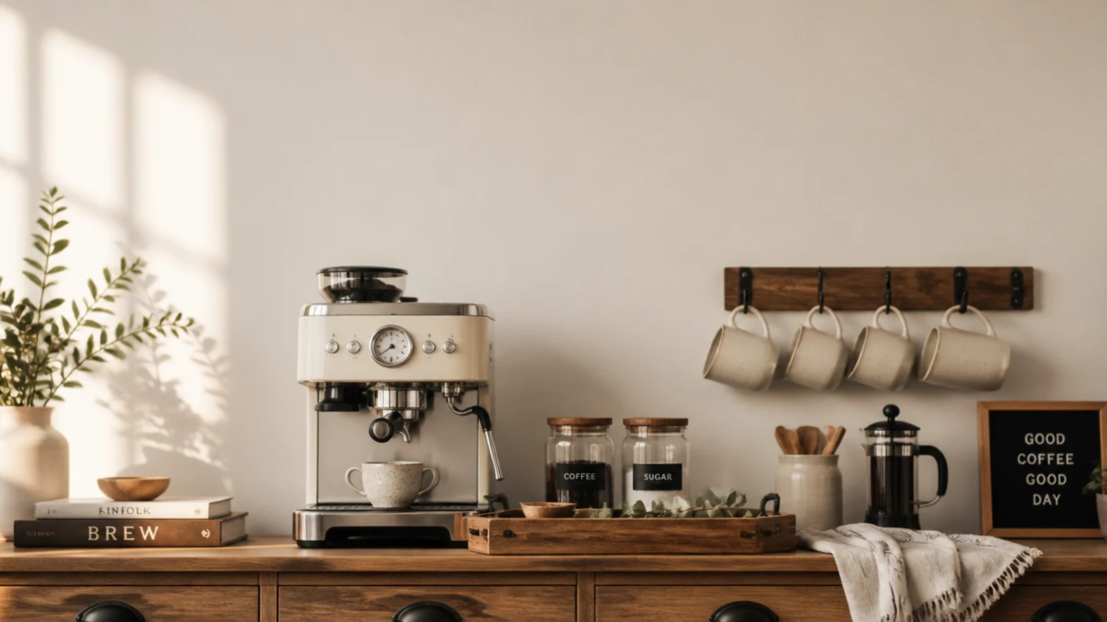 vertical guide image of a simple organized coffee station on a budget