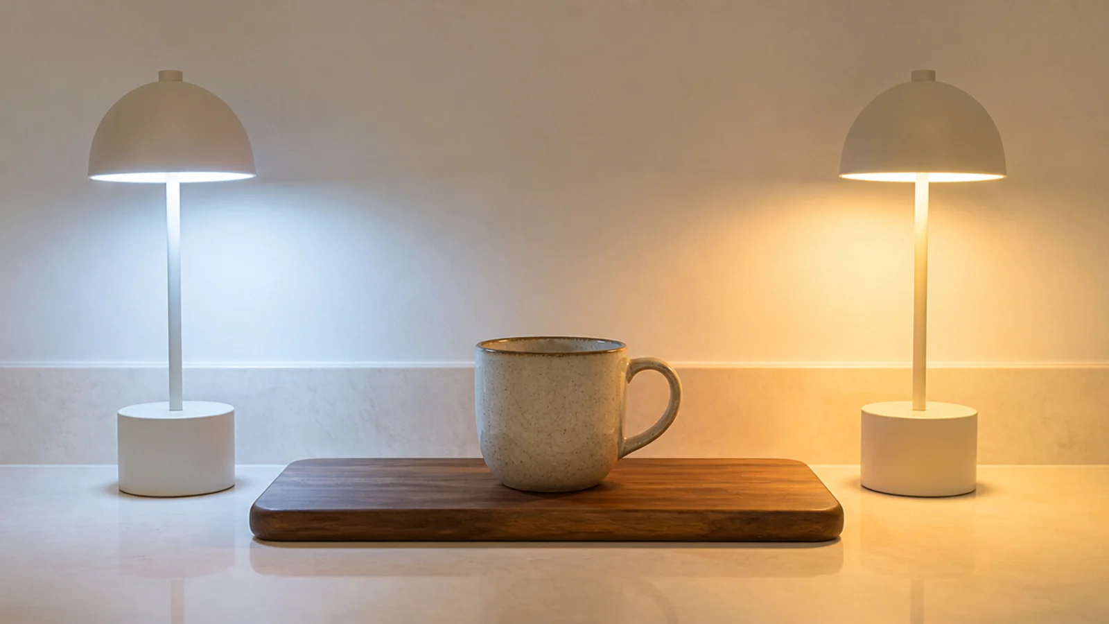 warm and cool bulbs compared side by side above a coffee counter