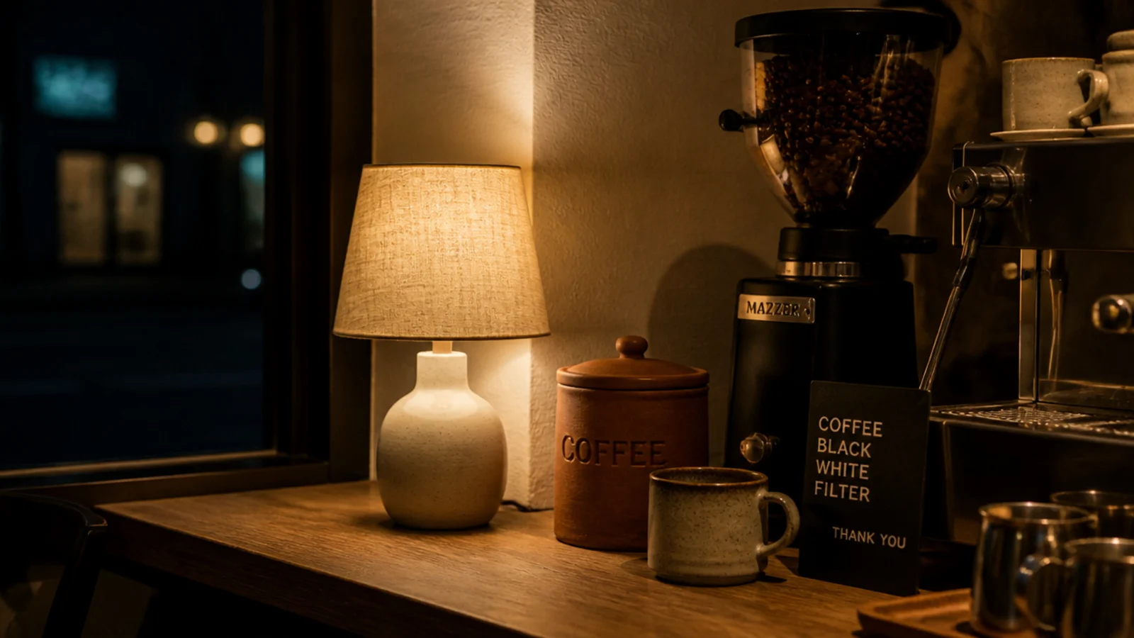 small ceramic lamp lighting a coffee corner from the side at dawn