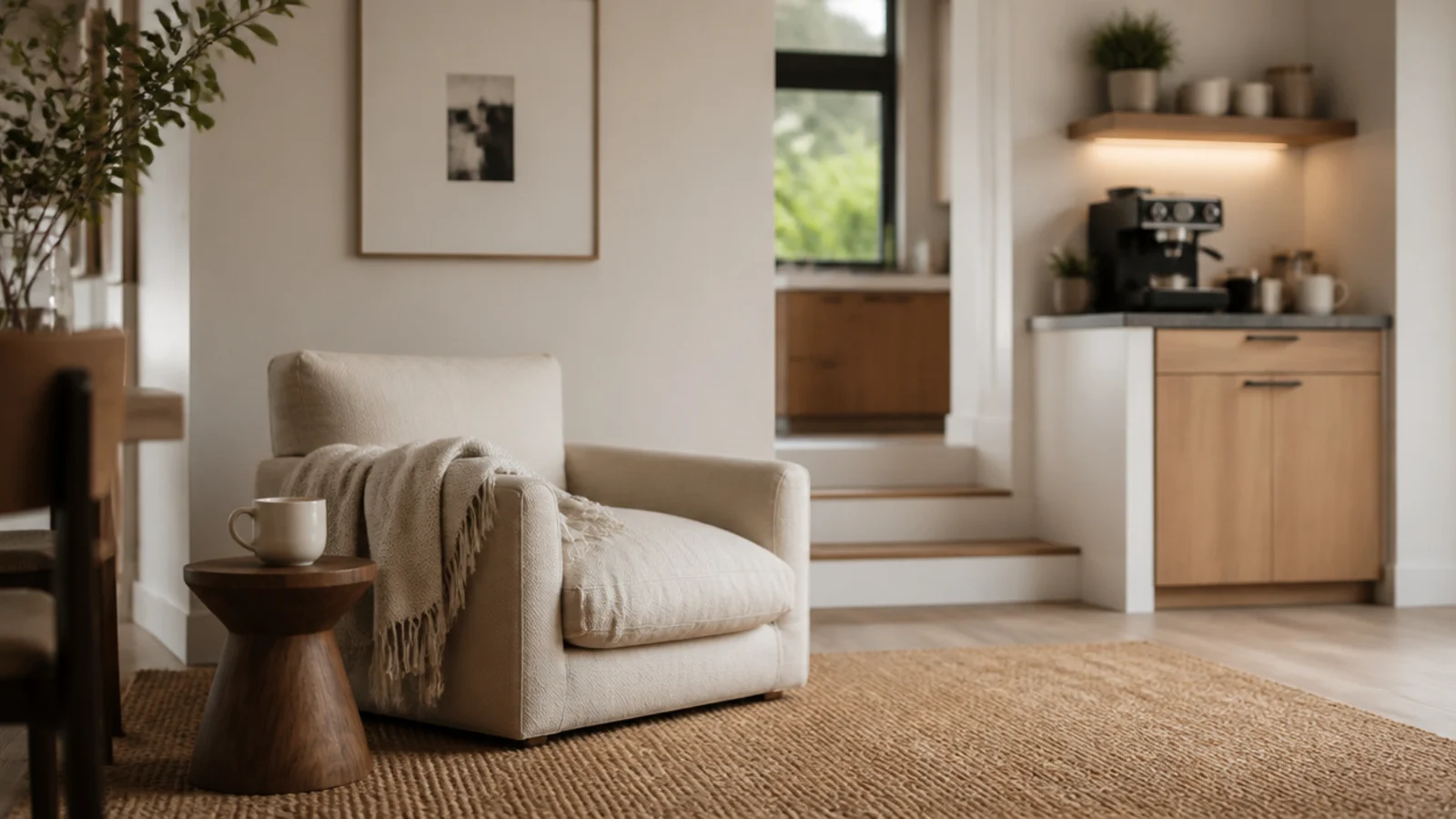 linen armchair placed a few steps from a kitchen coffee station