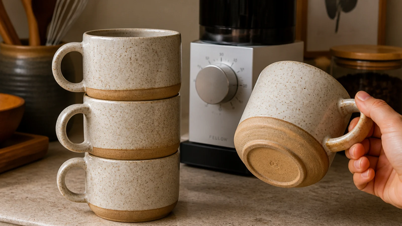 speckled stoneware mugs stacked beside a small home coffee machine
