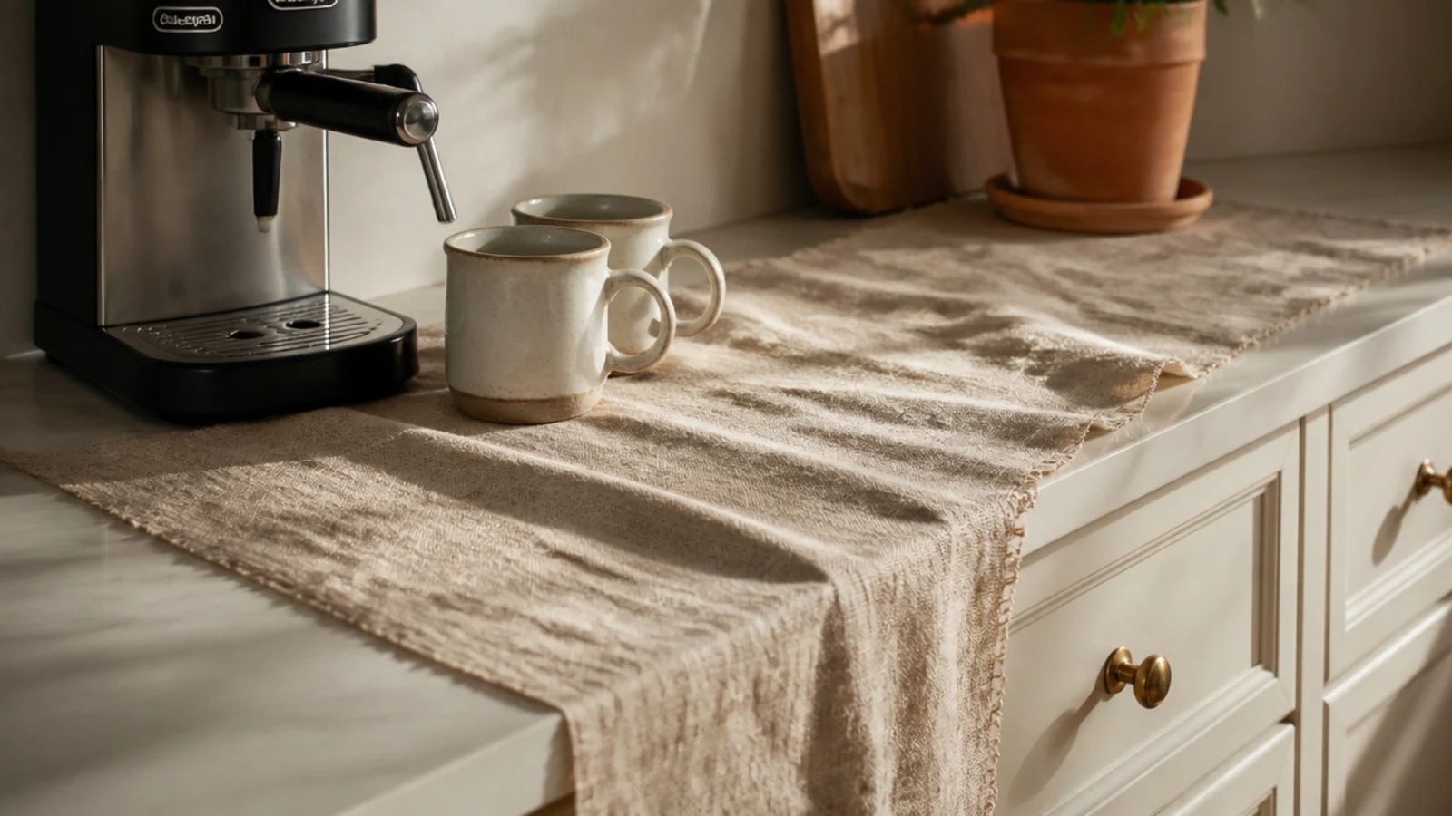 linen runner under a coffee machine softening a hard kitchen counter