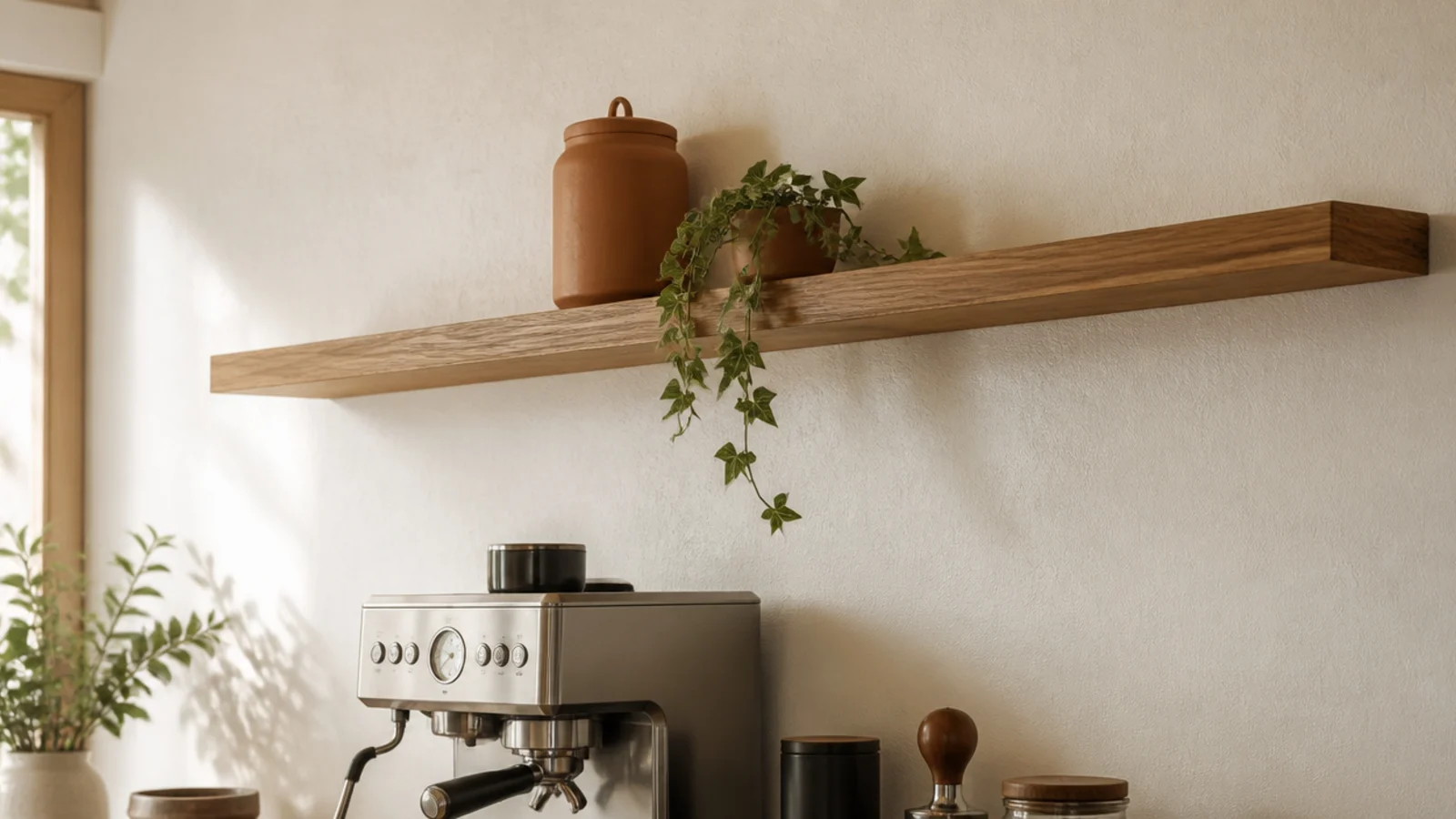 oak shelf above a coffee machine holding just a canister and plant