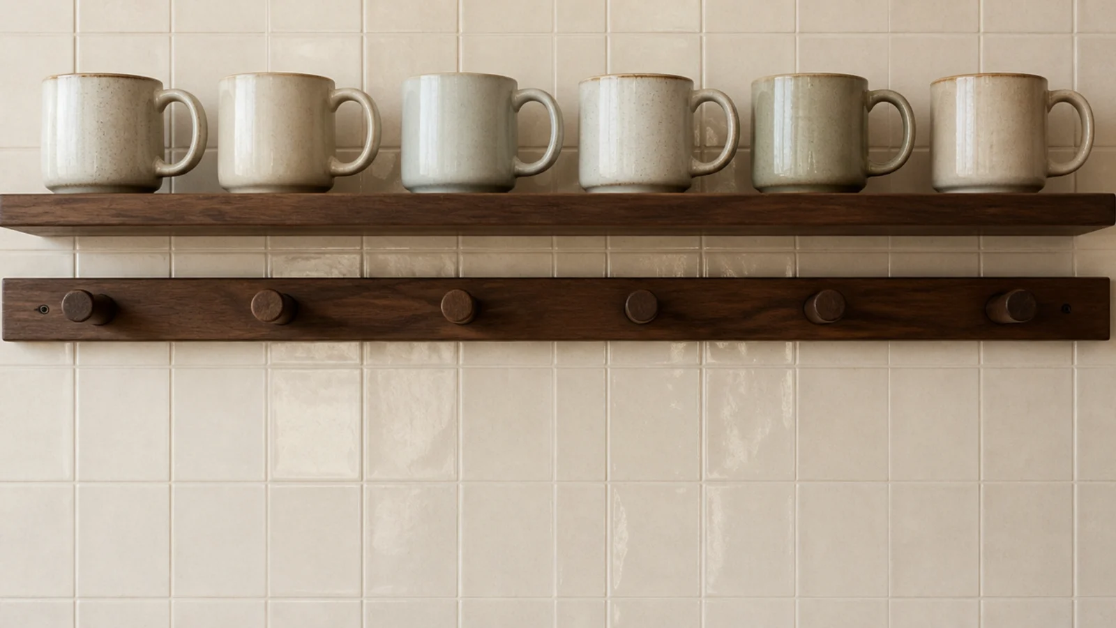 row of mugs hanging from a peg rail with handles facing one direction