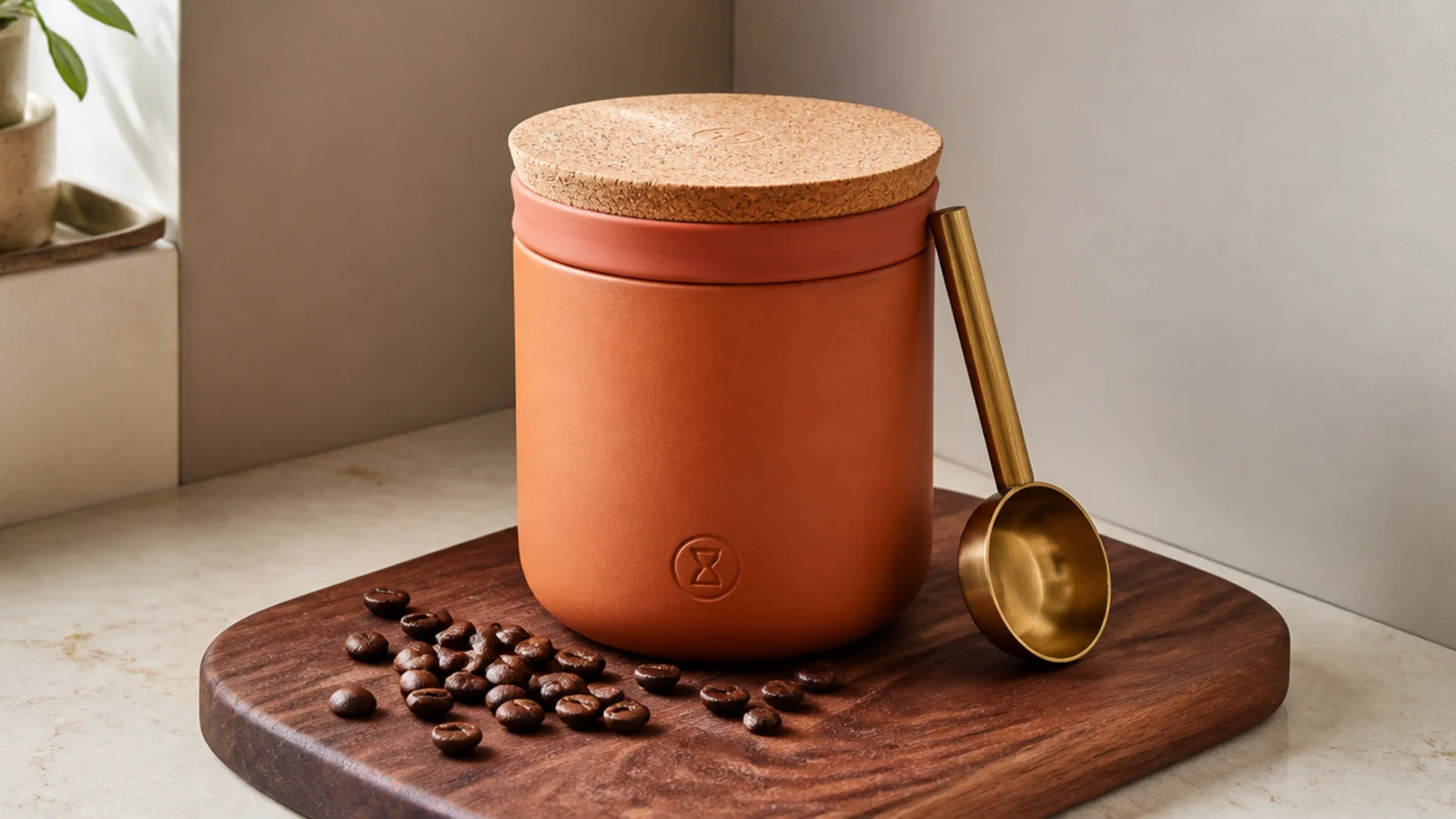 unglazed clay canister keeping whole coffee beans away from light