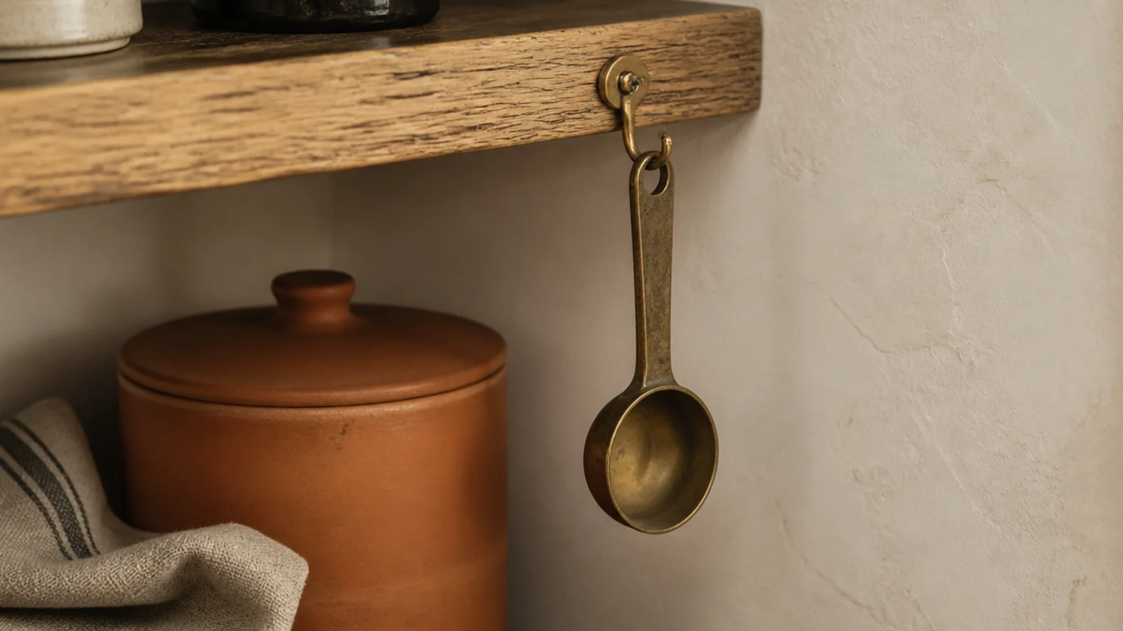 small brass coffee spoon hanging from a hook beside a canister
