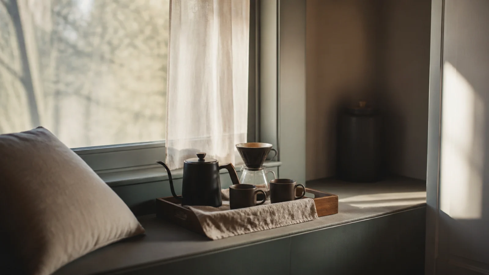 coffee station arranged on a wide window seat with morning light