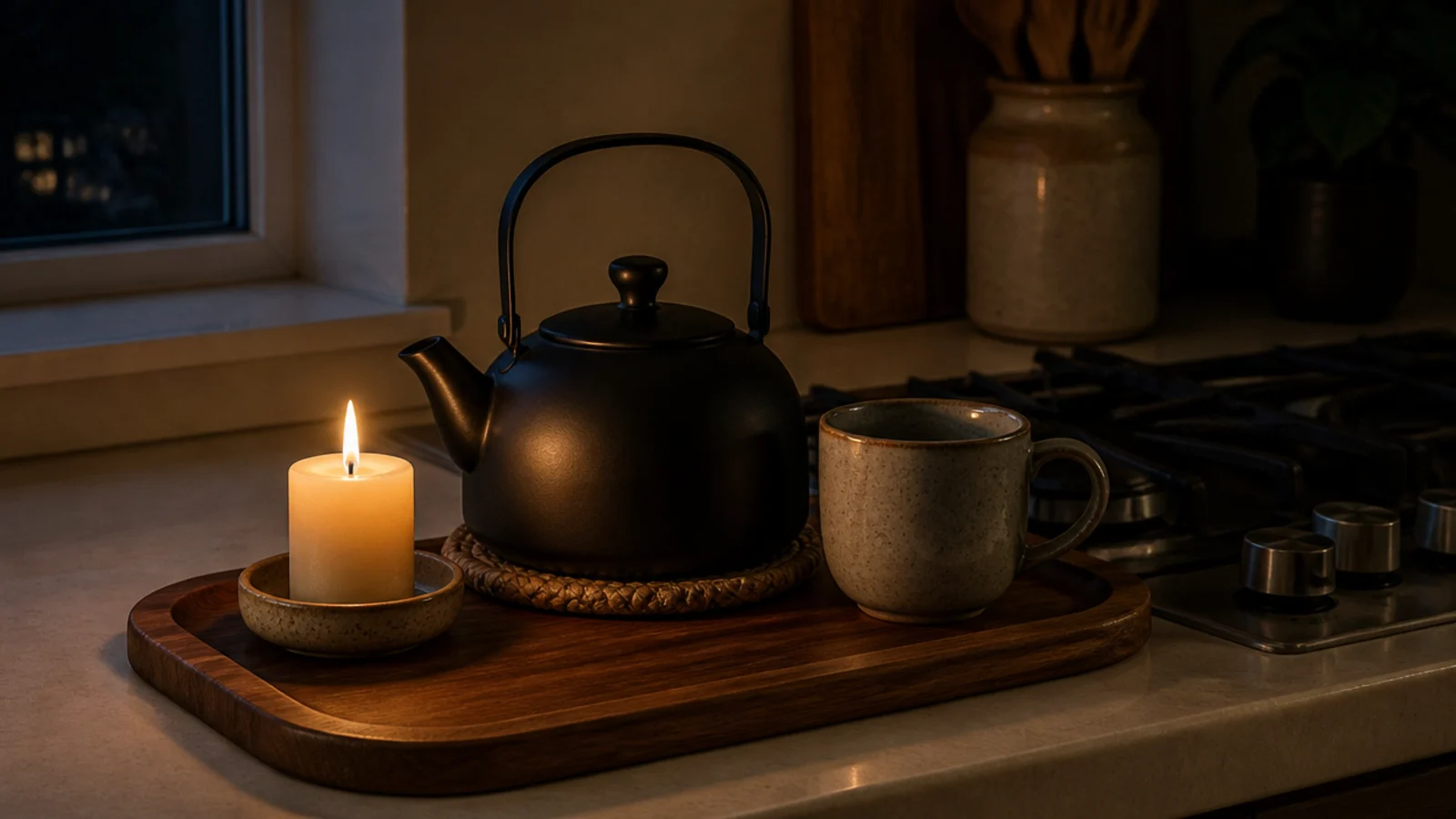 small candle burning beside a kettle on a cozy coffee counter