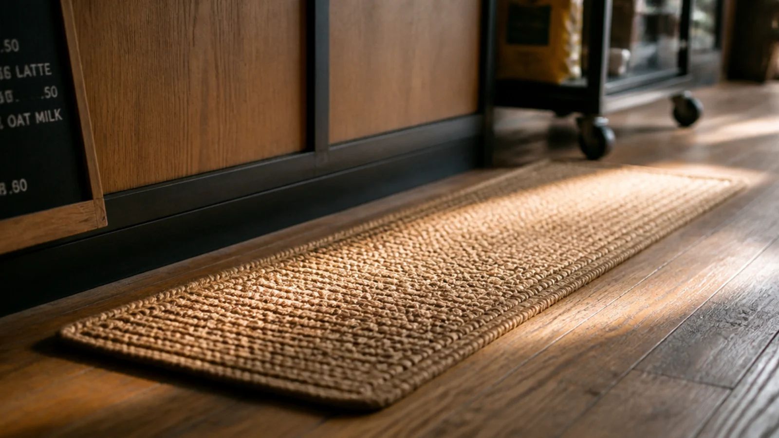 jute runner on the floor in front of a kitchen coffee corner