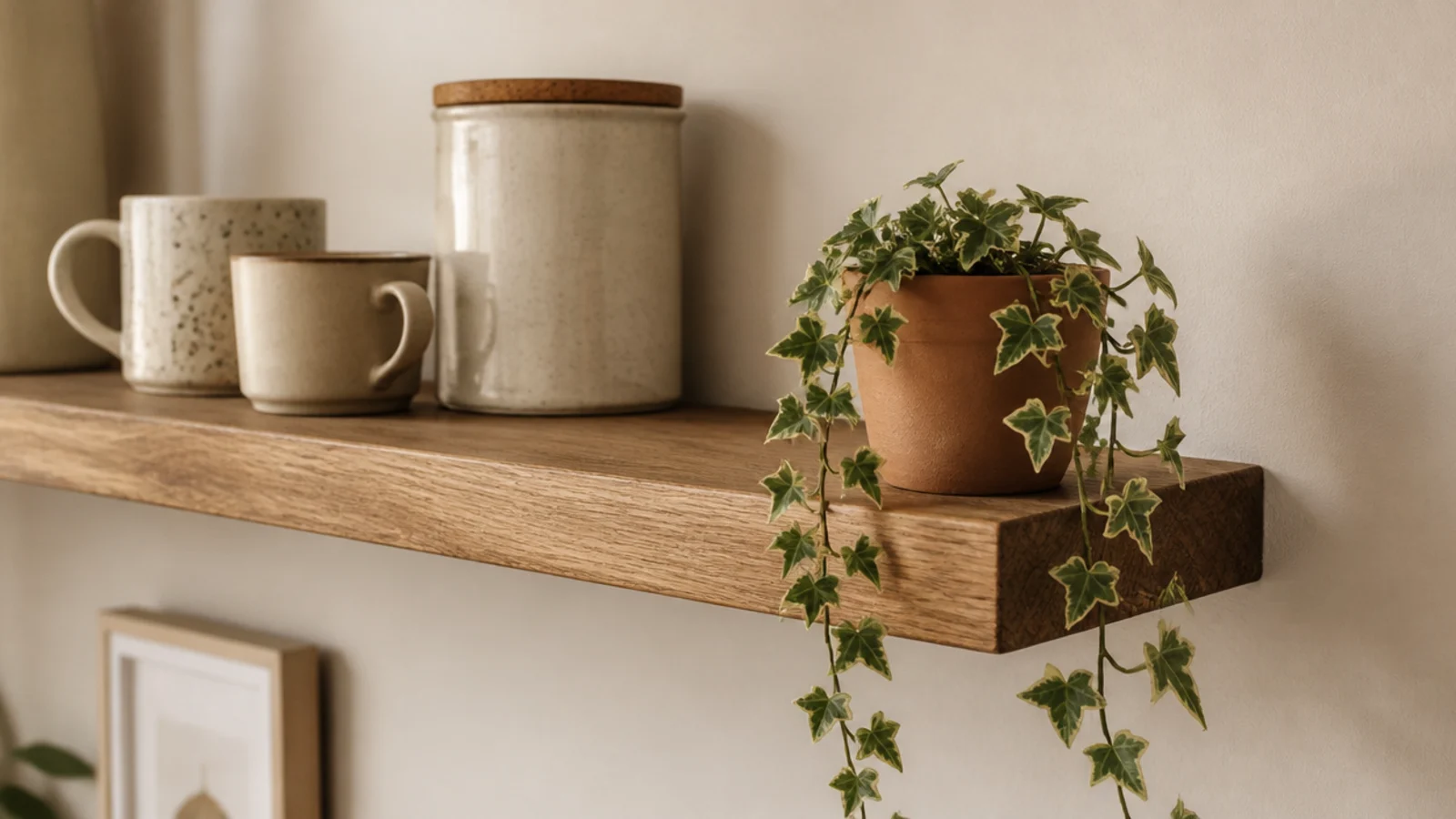 trailing ivy in terracotta softening the end of a coffee shelf