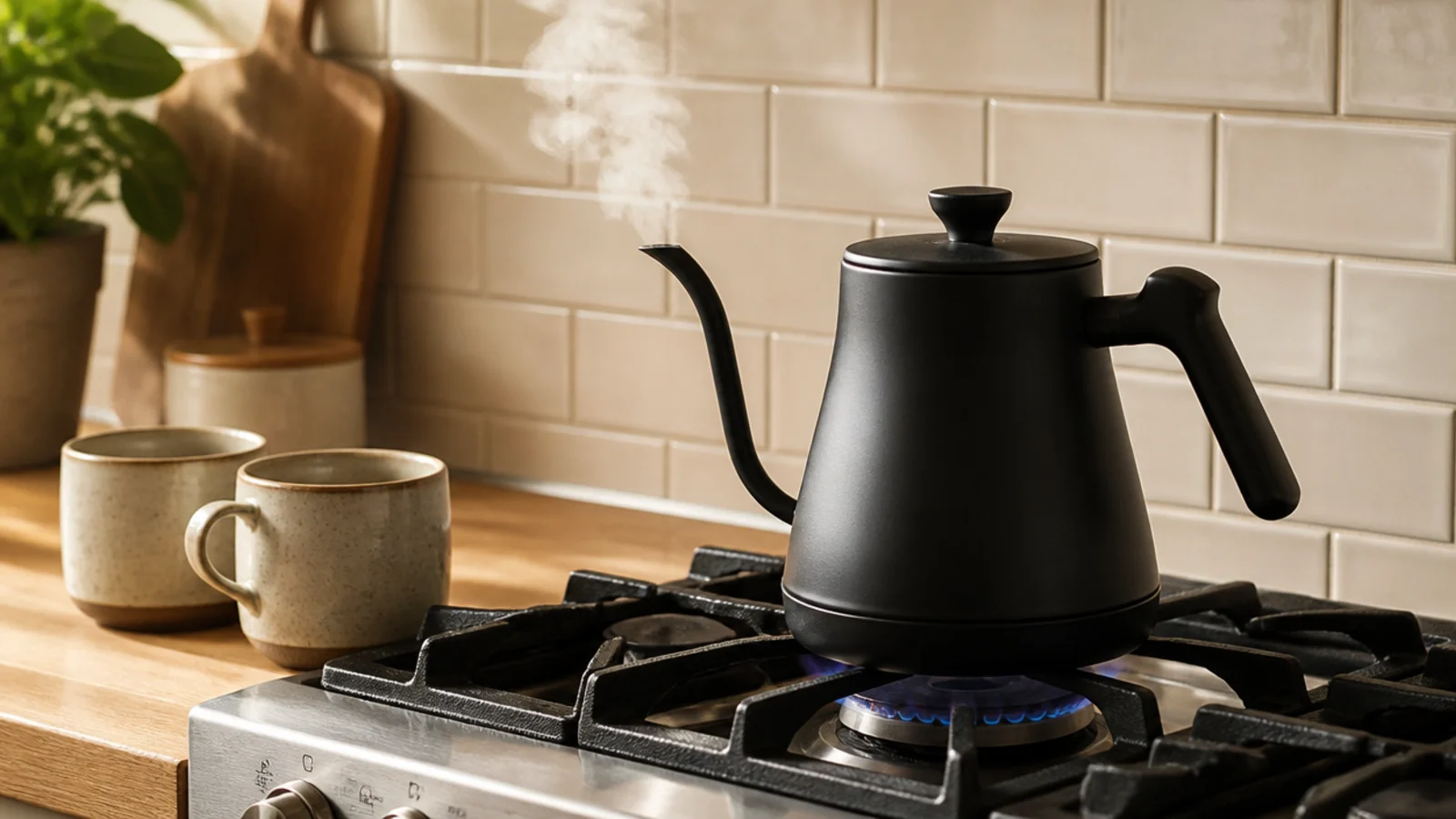 matte black stovetop kettle steaming on a gas hob near mugs