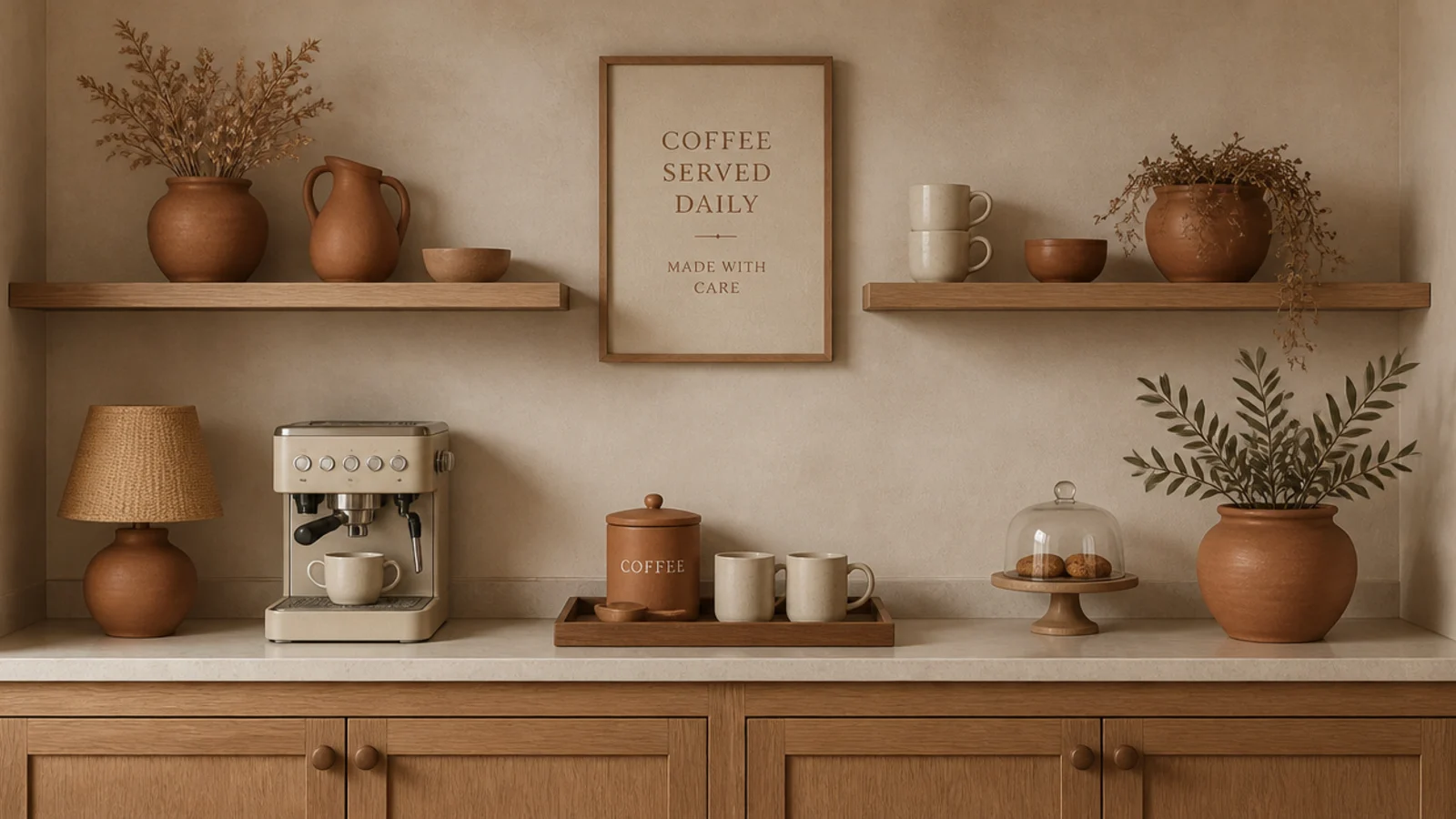 coffee corner styled only in terracotta cream and warm oak tones