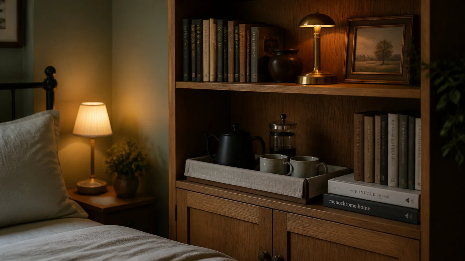 small bedroom coffee nook arranged on one shelf of a bookcase