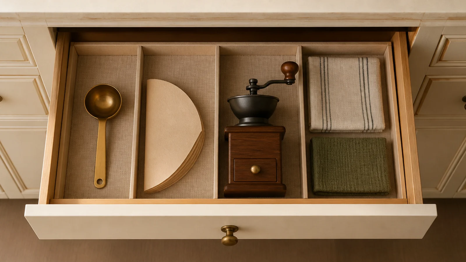 linen lined drawer holding coffee spoons filters and a small grinder