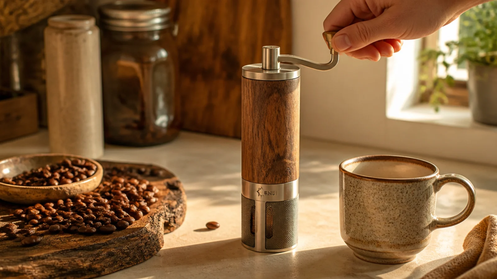 hand burr grinder being used beside whole beans and a warm mug