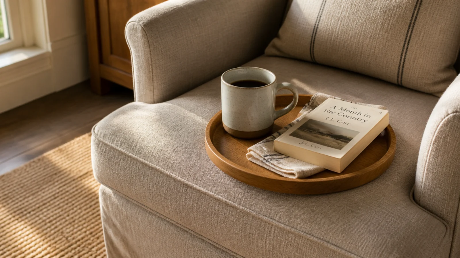 small round tray carrying a mug and a book away from the counter