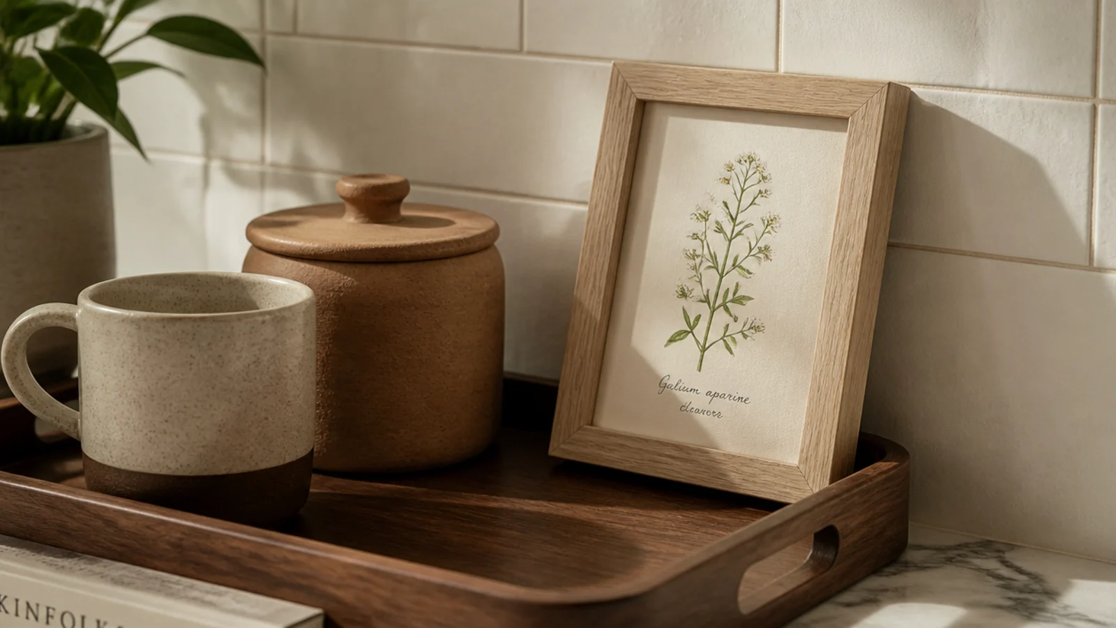 small botanical print leaning against the wall behind a coffee tray