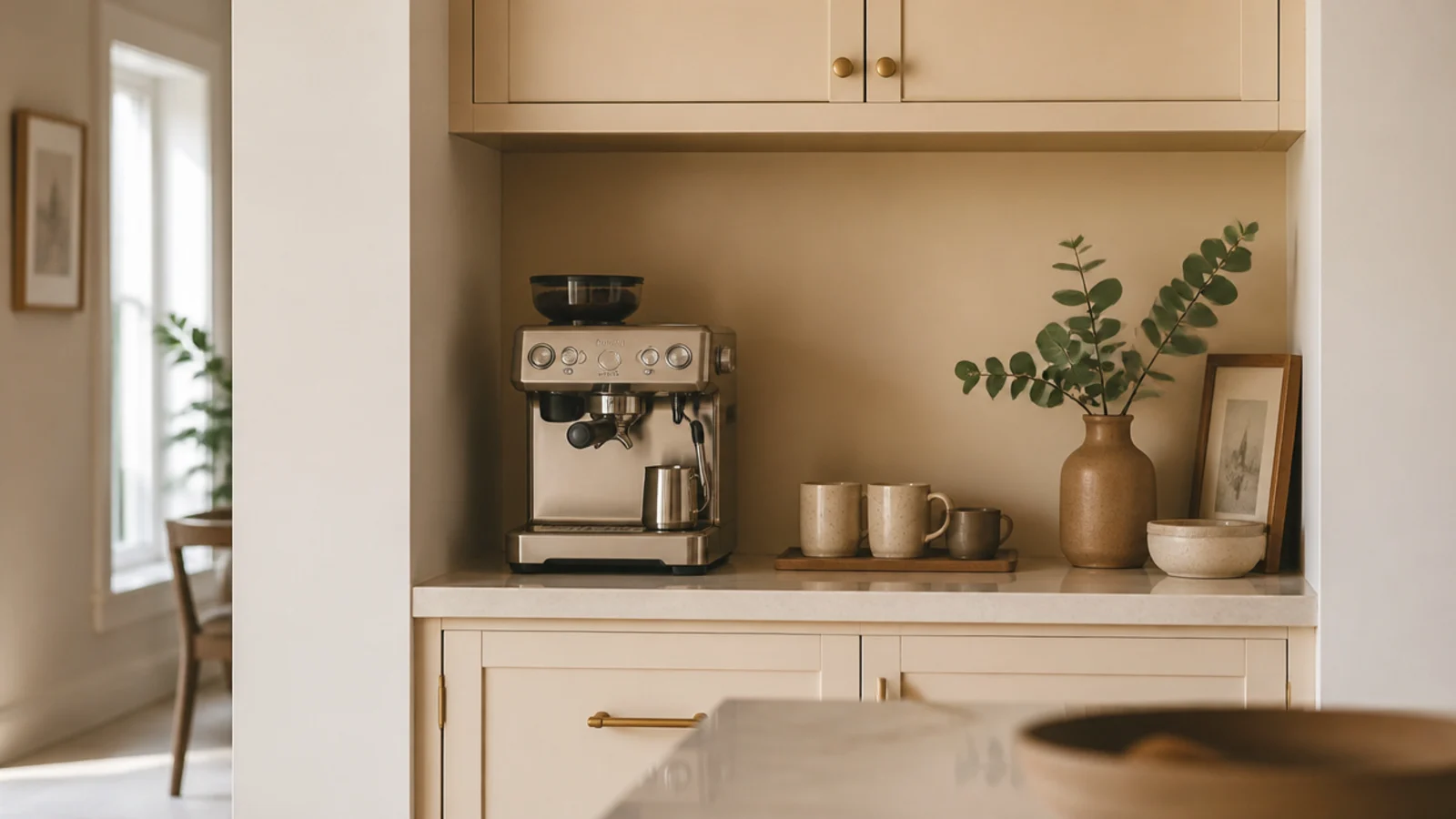 warm sand painted wall behind a small kitchen coffee station