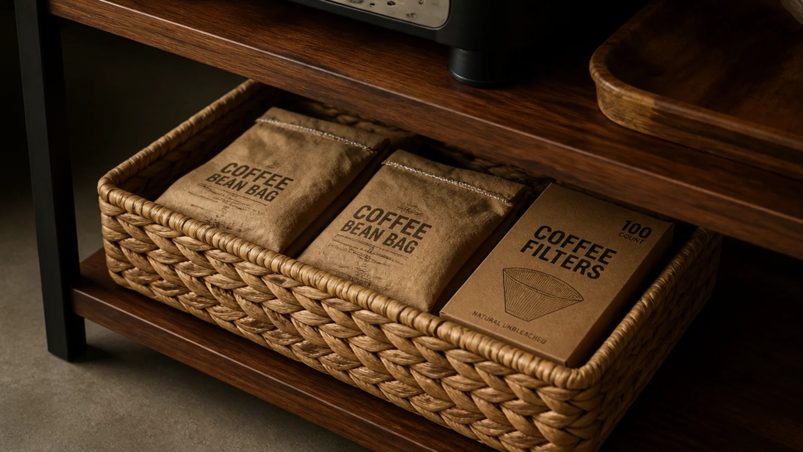woven basket holding spare coffee bean bags beside a counter station