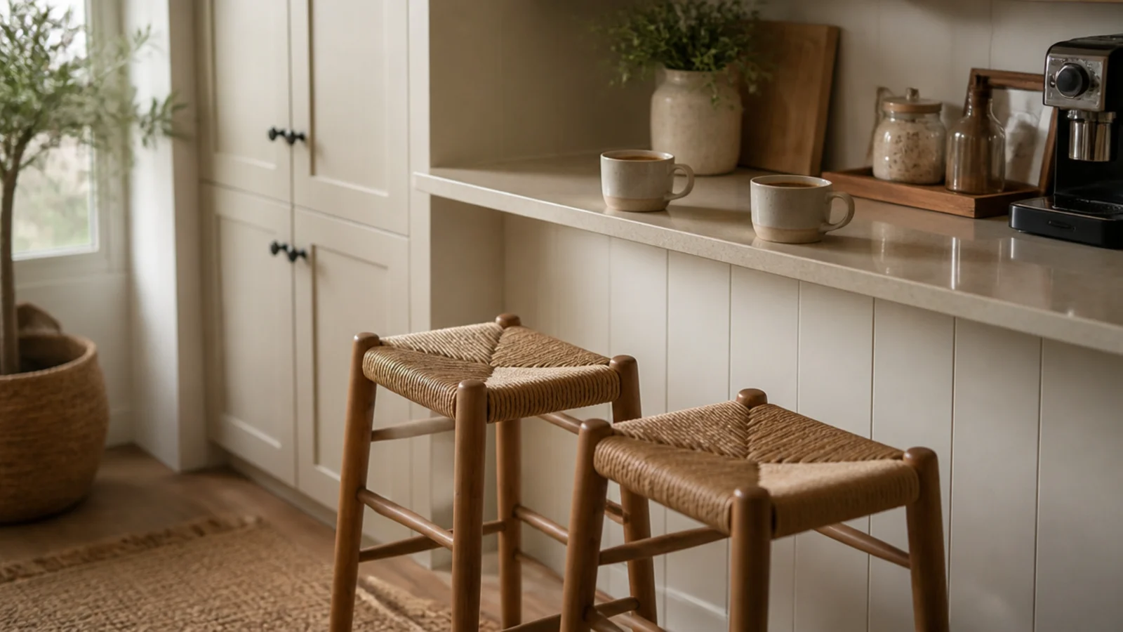 two low wooden stools pulled up beside a home coffee counter