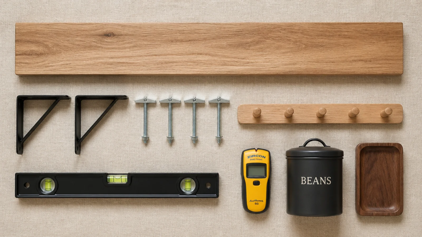 flat lay of tools and materials for building a coffee bar on linen